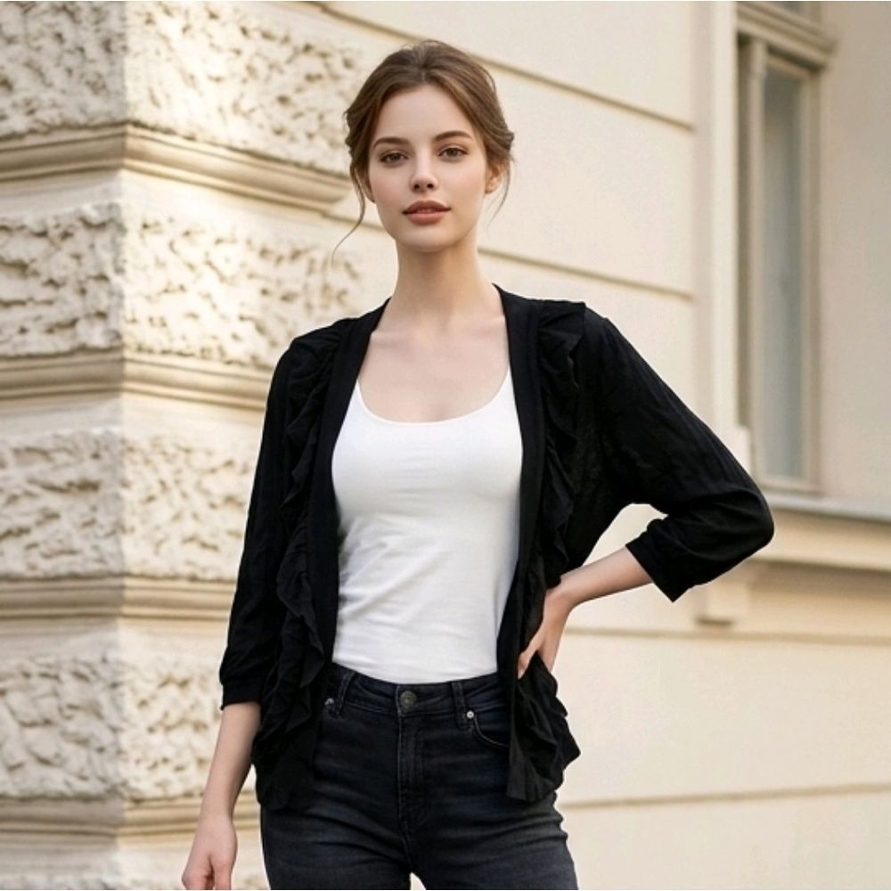 Apostrophe Black Slub Knit Cardigan – Open Front Ruched Neckline 33" Sweater
